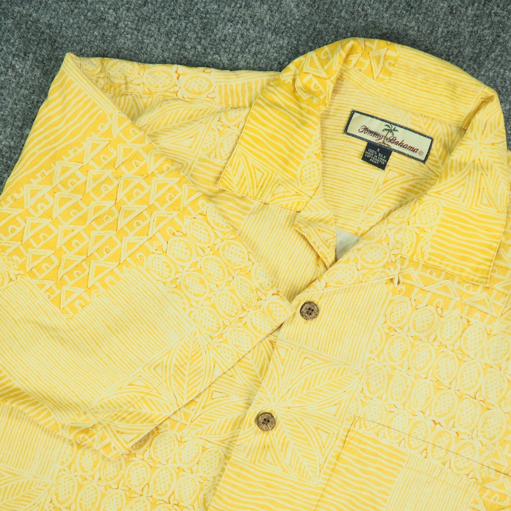 Tommy Bahama Shirt Mens Small Yellow Patchwork Silk Hawaiian Aloha Resort Summer